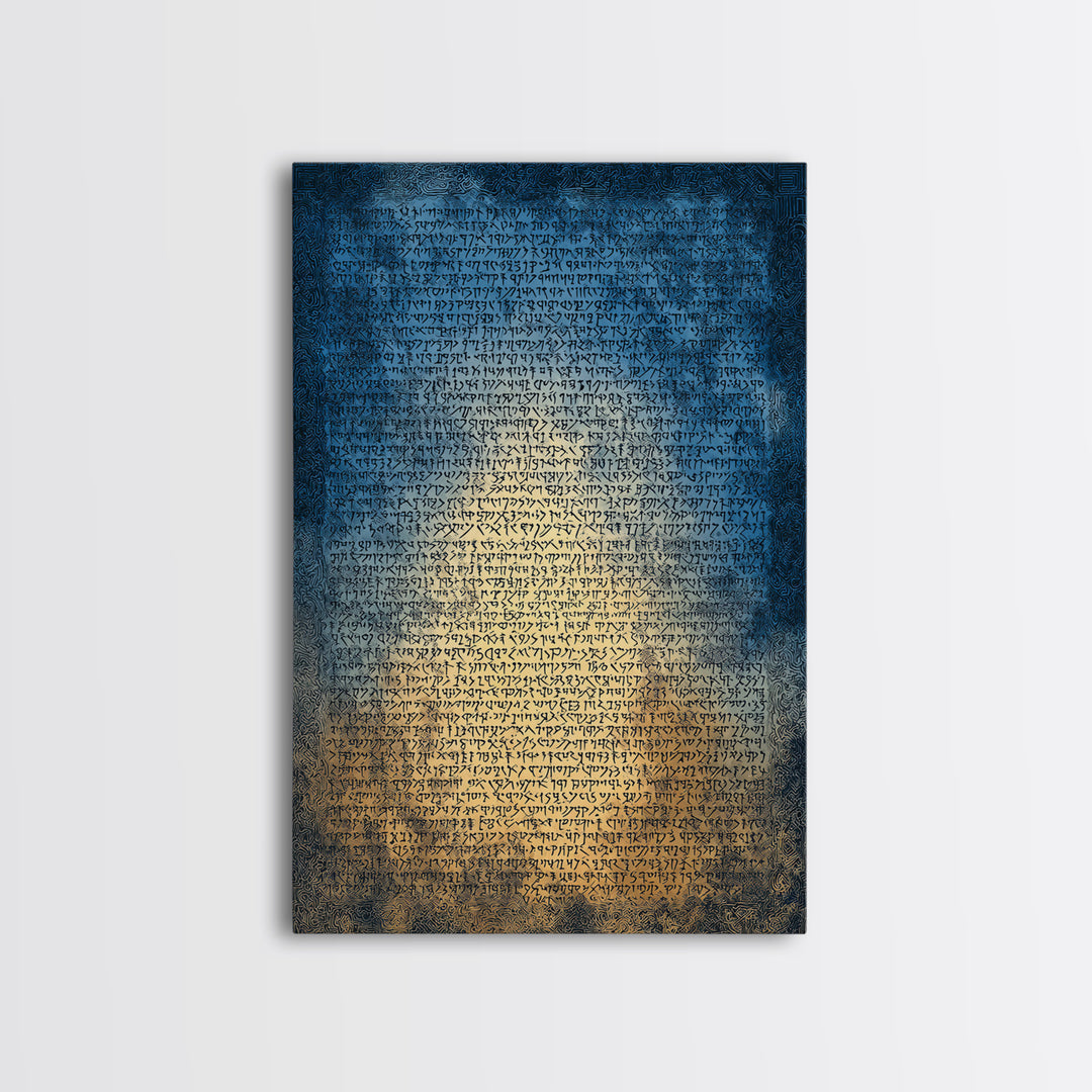 Blue Ancient Script Manuscript Canvas Print, Glowing Parchment Wall Art, Spiritual Cultural Decor, Elegant Office Gift For Her