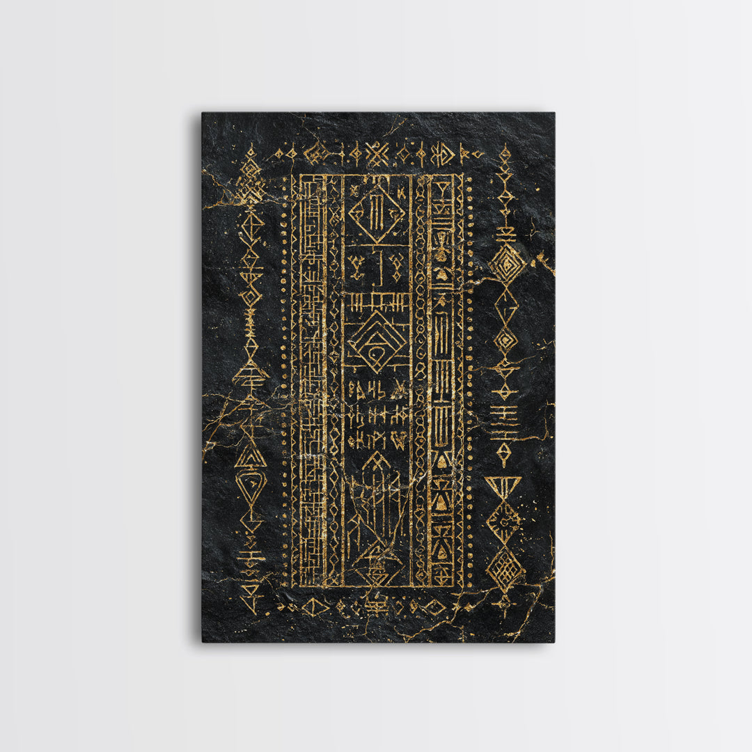 Black Gold Tribal Geometric Symbol Wall Art, Ancient African Inspired Panel, Mystical Canvas Print, Cultural Home Decor Gift
