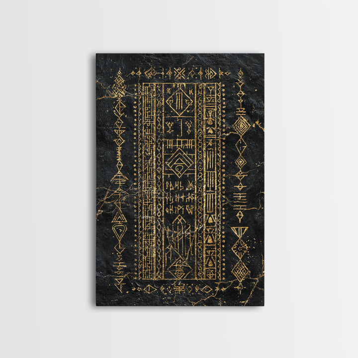 Black Gold Tribal Geometric Symbol Wall Art, Ancient African Inspired Panel, Mystical Canvas Print, Cultural Home Decor Gift