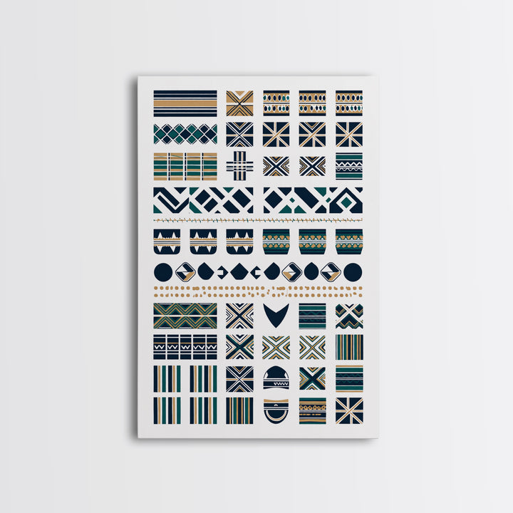 African Textile Pattern Grid In Blue Gold Wall Art, Ankara Wall Art, Ethnic Art Print, Cultural Home Decor, Motherland Style Gift