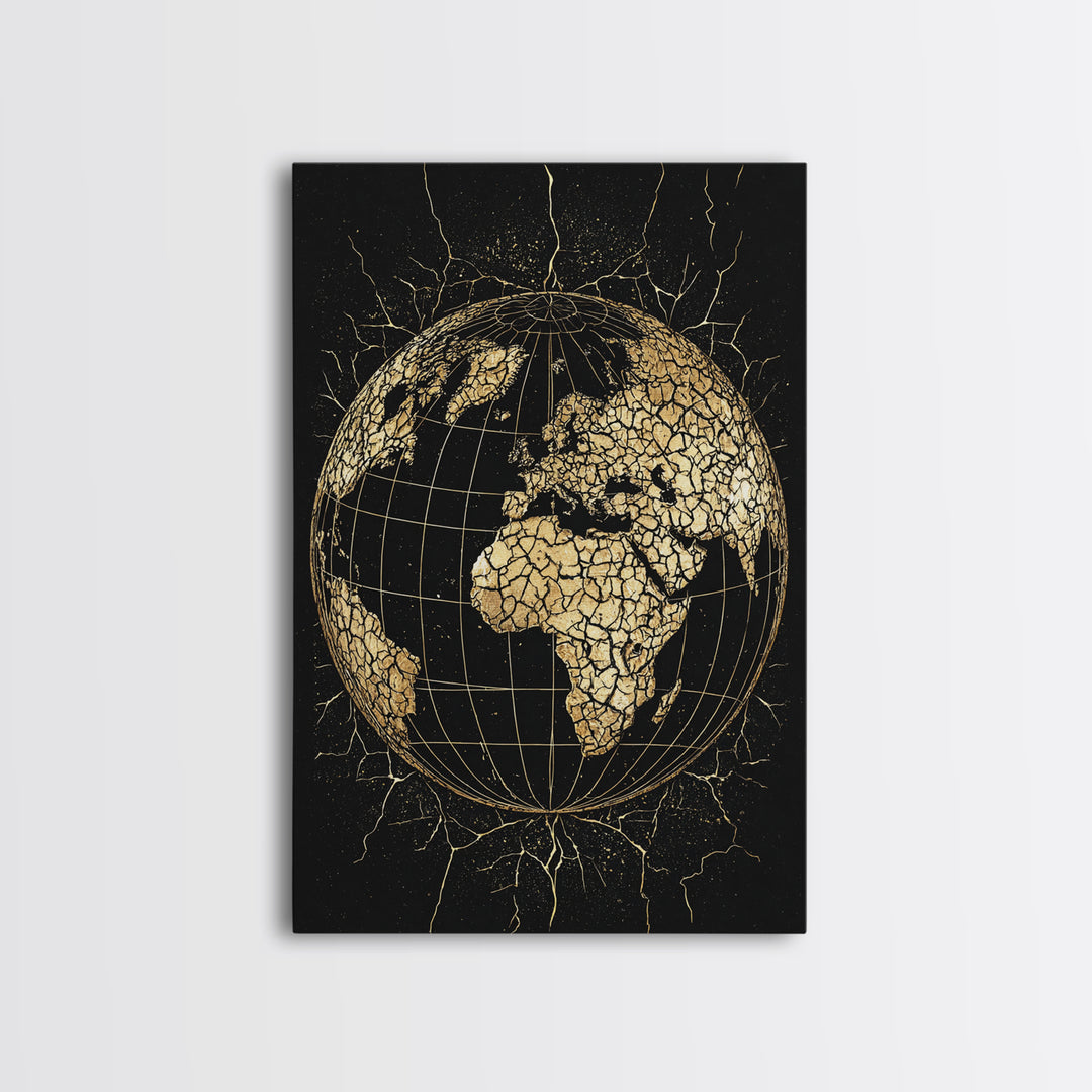 Cracked Gold Africa Globe On Black Canvas Print, African Wall Art, Motherland Map Decor, Afrocentric Cultural Gift For Living Room