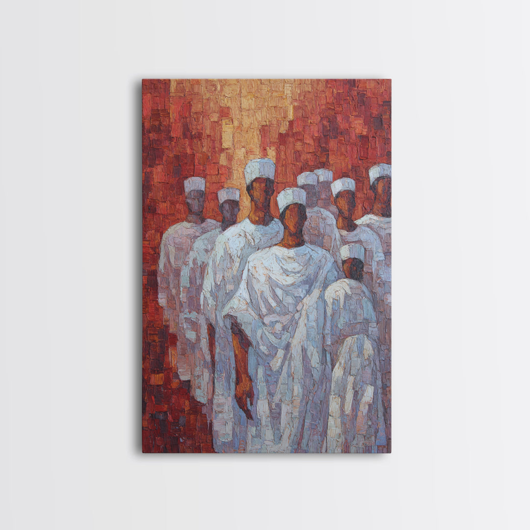 White Robed Figures In Red Impasto Framed Canvas Print, African Wall Art, Cultural Decor, Modern African Painting Gift For Home Decor