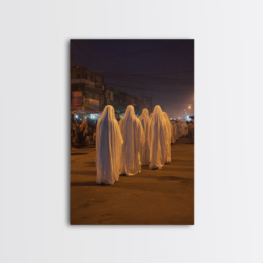 Night Street White Robed Procession Wall Art, African Travel Decor, Spiritual Cultural Art Print, Afrocentric Home Gift For Him