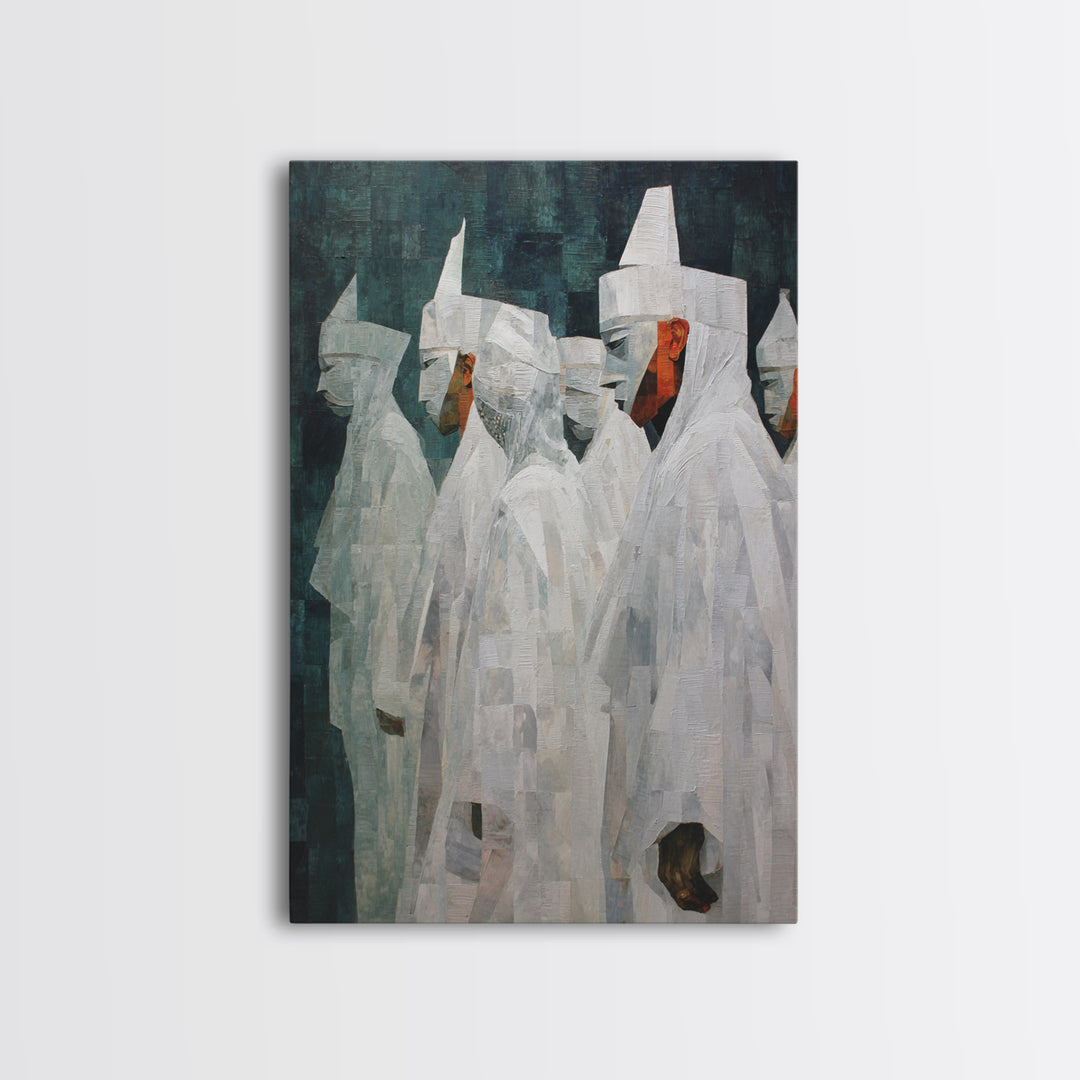 Abstract White Robed Figures On Teal Framed Canvas Print, African Wall Art, Modern Cultural Decor, Unique Home Gift For Living Room