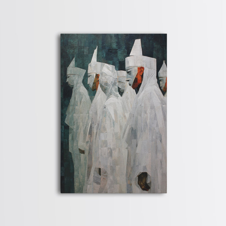 Abstract White Robed Figures On Teal Framed Canvas Print, African Wall Art, Modern Cultural Decor, Unique Home Gift For Living Room