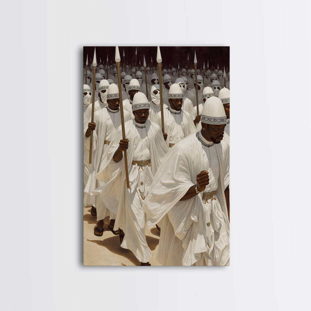 White Spear Bearer Procession In Sunlight Canvas Print, African Warrior Art, Cultural Wall Decor, Statement Gift For Him