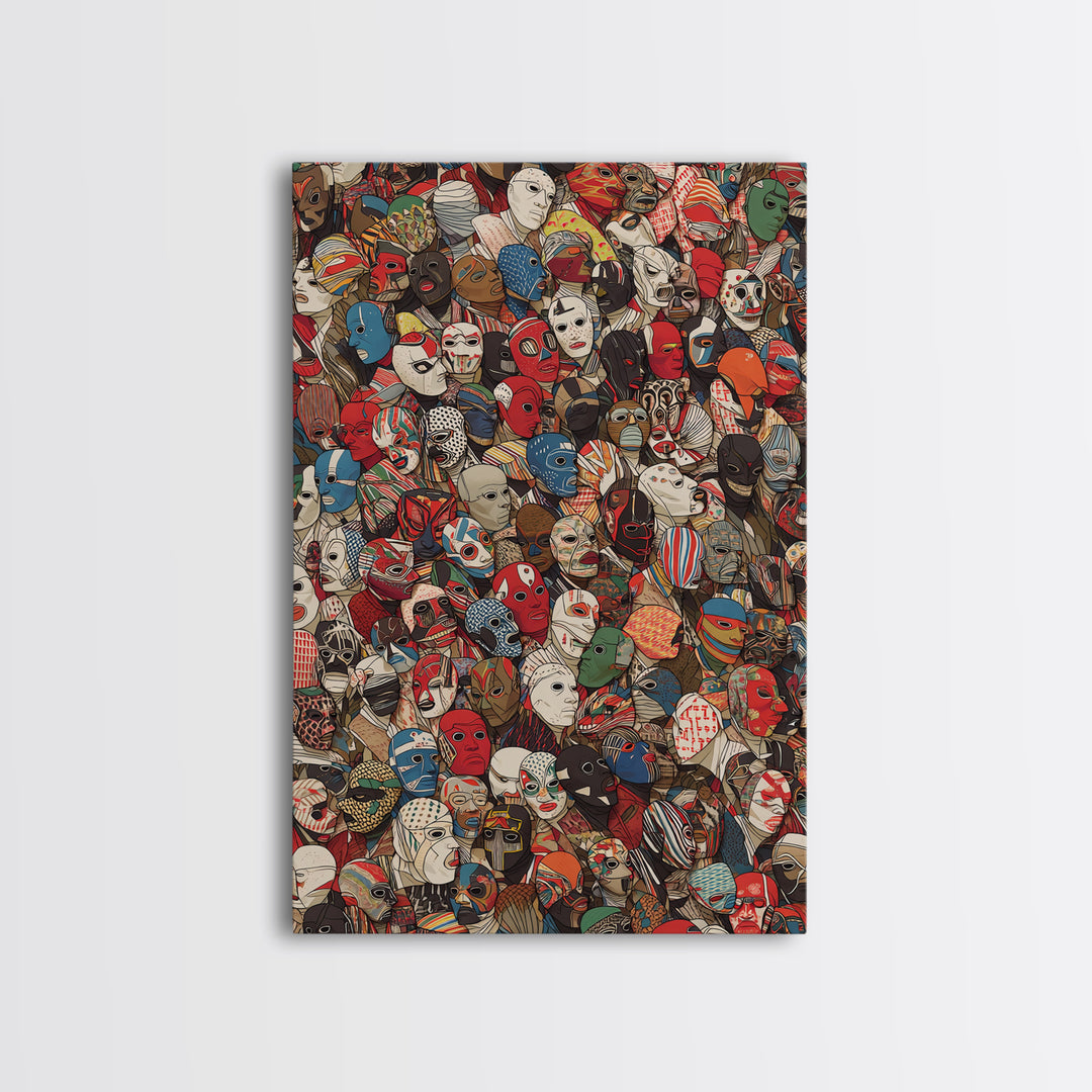 Illustrated African Mask Collage Wall Art, Colorful Tribal Pattern, Afrocentric Decor, Cultural Gallery Canvas Print Gift