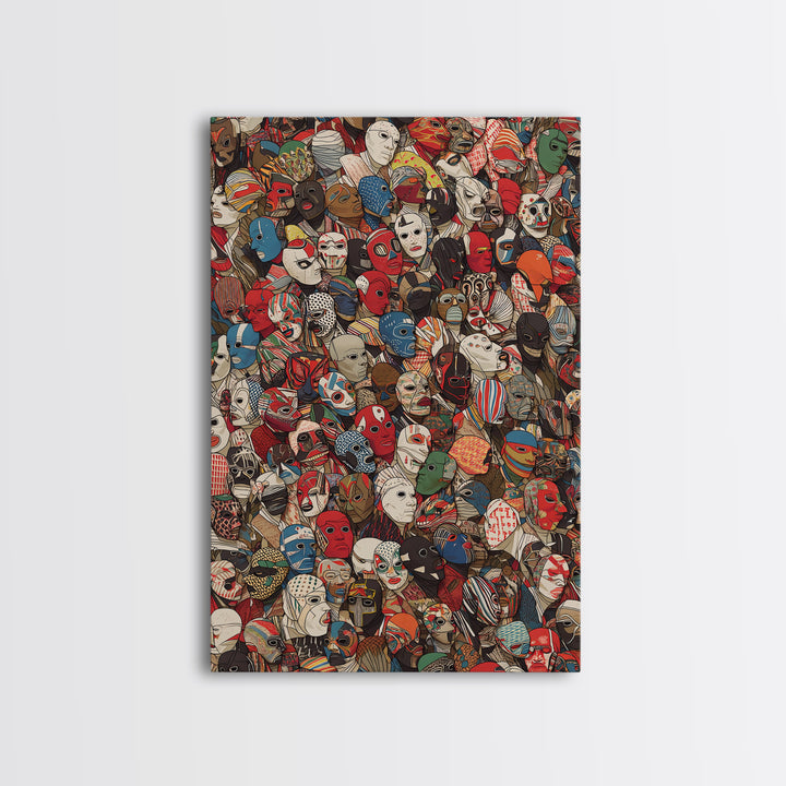 Illustrated African Mask Collage Wall Art, Colorful Tribal Pattern, Afrocentric Decor, Cultural Gallery Canvas Print Gift