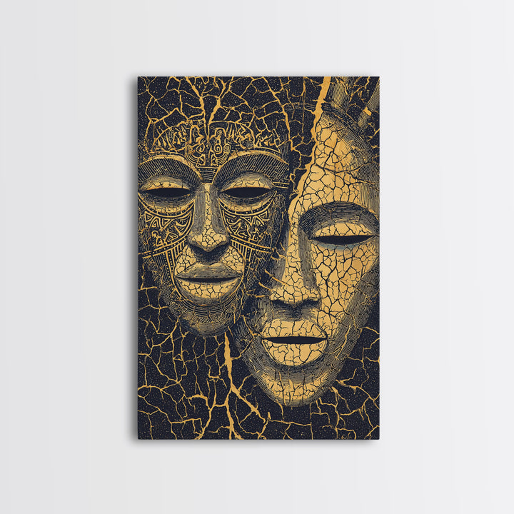 Gold Line African Mask Duo Wall Art, Tribal Mask Canvas Print, Black And Gold Decor, Afrocentric Cultural Home Decor Gift