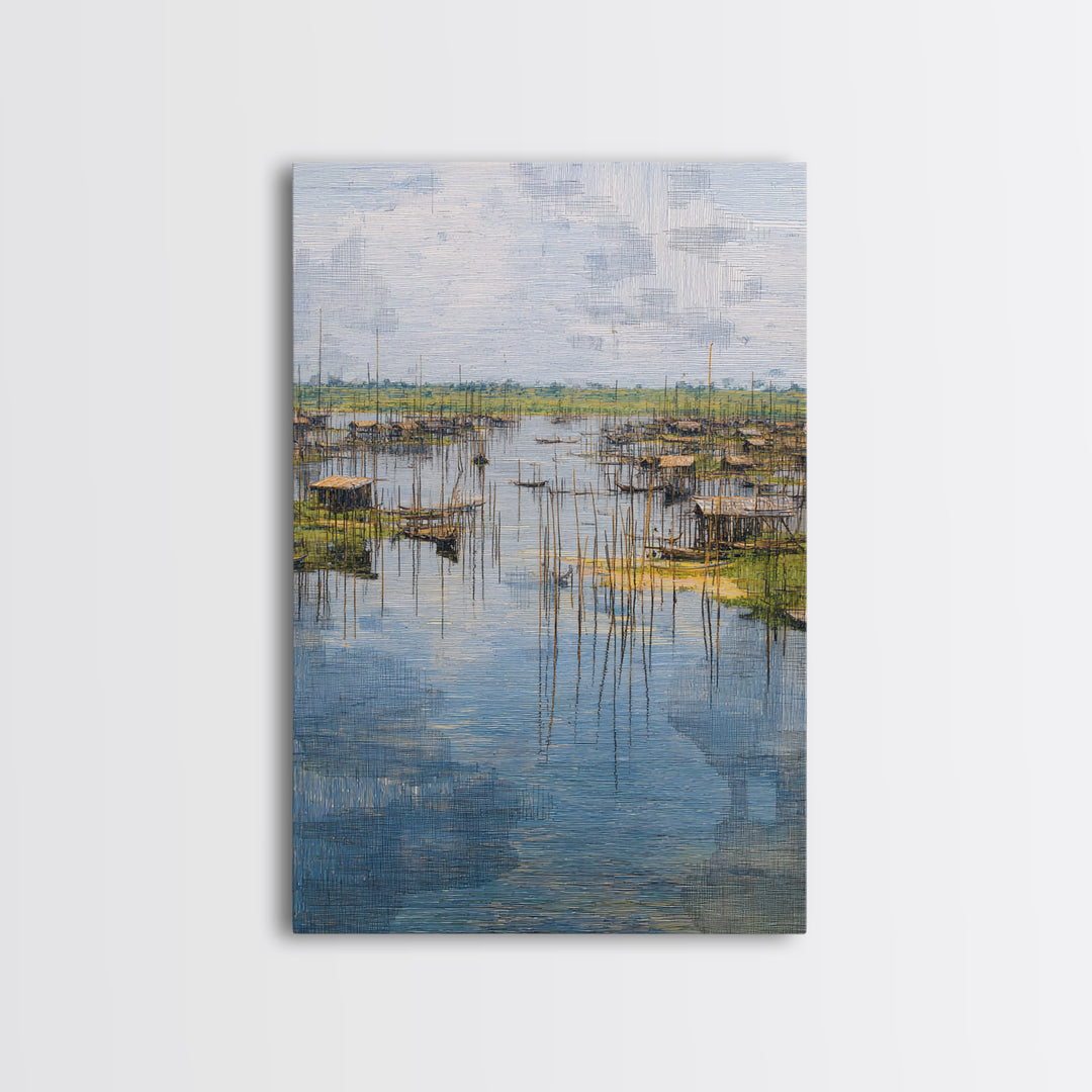 Serene African Fishing Village Wall Art, Blue Wetland Landscape Canvas, Coastal Nature Scene, Textured Home Decor For Living Room