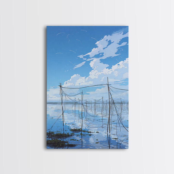 Blue Sky Fishing Nets Wall Art, Minimalist Coastal African Landscape Canvas, Serene Water Reflections, Bedroom Decor Gift