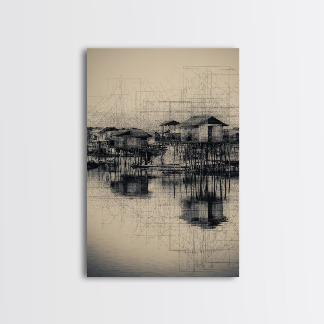 Monochrome Stilt Village Framed Canvas Print, African Fishing Huts Sketch, Minimalist Black Wall Decor For Office And Living Room