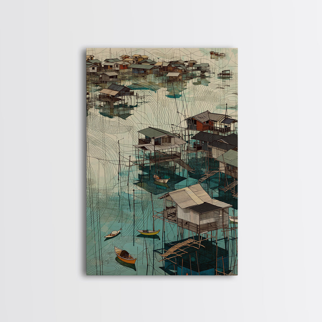 Turquoise African Stilt Houses Wall Art, Fishing Village Canvas, Coastal Landscape Print, Cultural Home Decor Gift For Living Room