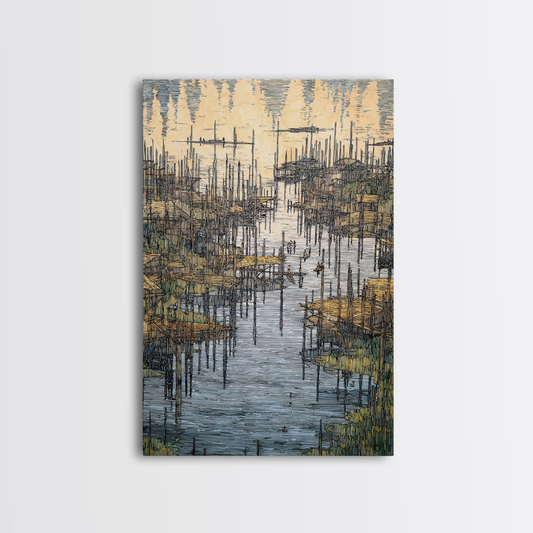 Intricate African Wetland Village Wall Art, Fishing Poles And Boats Canvas, Textured Landscape Decor For Living Room Gift