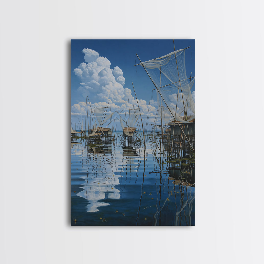 Dreamy Fishing Nets On Blue Water Wall Art, African Coastal Village Canvas, Cloud Reflection Nature Decor Gift For Home And Office