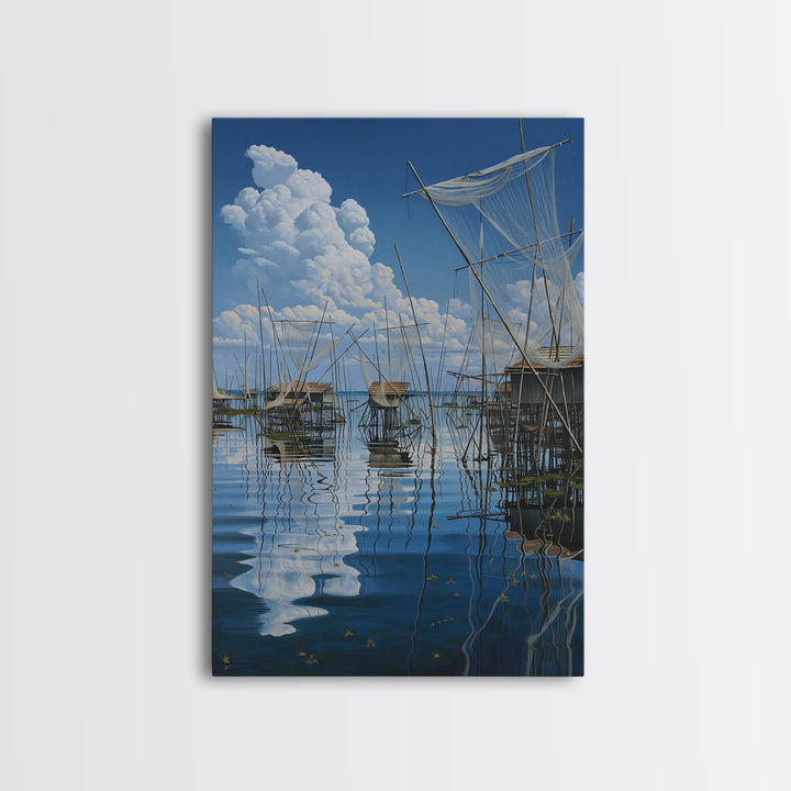 Dreamy Fishing Nets On Blue Water Wall Art, African Coastal Village Canvas, Cloud Reflection Nature Decor Gift For Home And Office