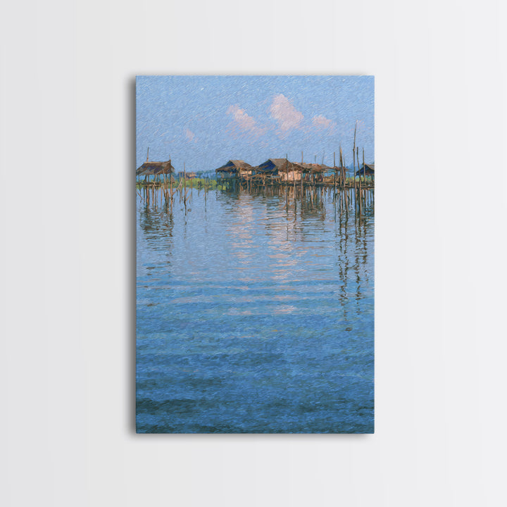 Peaceful Blue Lagoon Stilt Village Canvas Print, African Coastal Landscape, Impressionist Water Reflections Wall Decor Gift