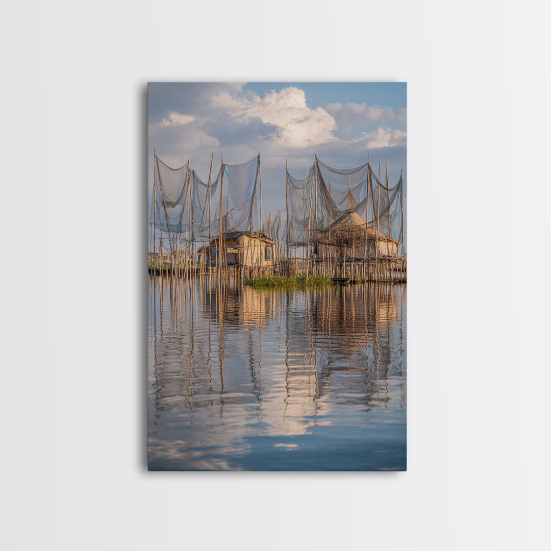 Sunlit Stilt Fishing Huts And Net Reflections Wall Art, Coastal Lake Village Canvas Print, Serene Blue Water Living Room Decor