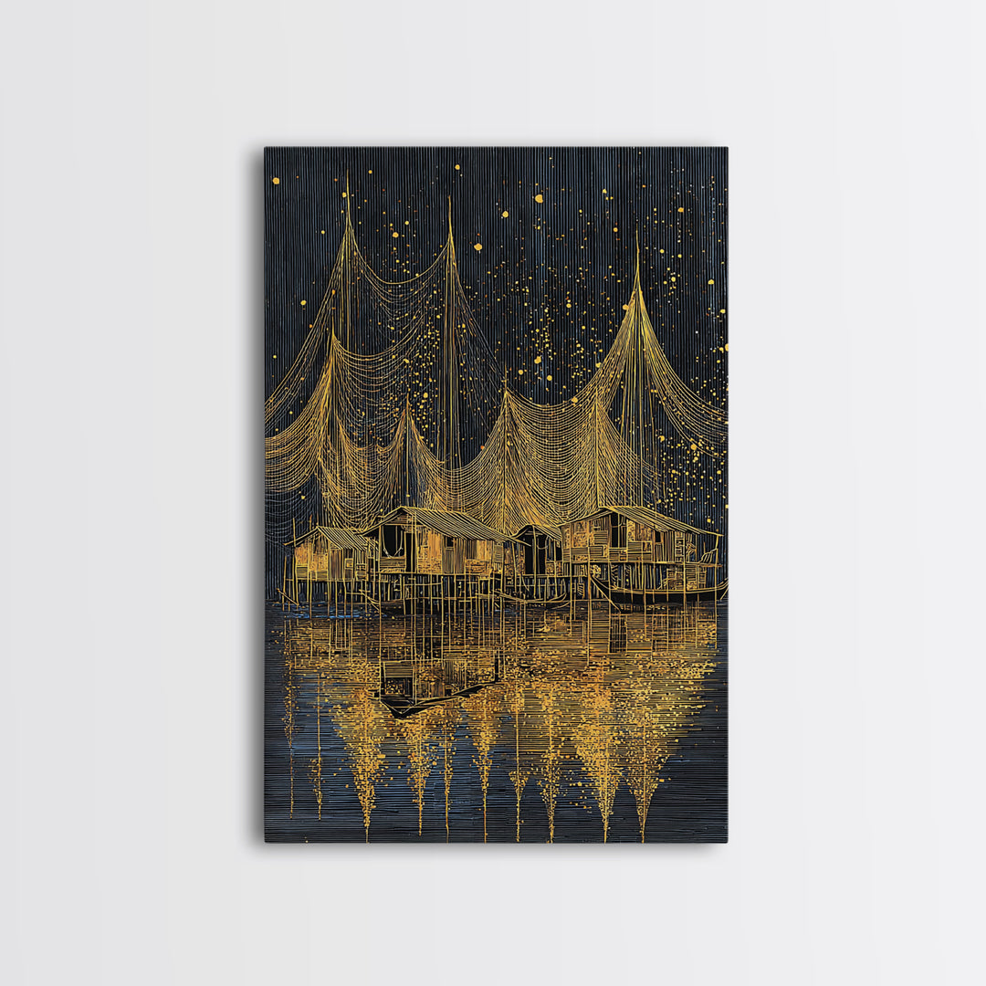 Golden Night Fishing Nets Over Stilt Houses Canvas Print, African Inspired Coastal Village Wall Decor, Black Gold Statement Art