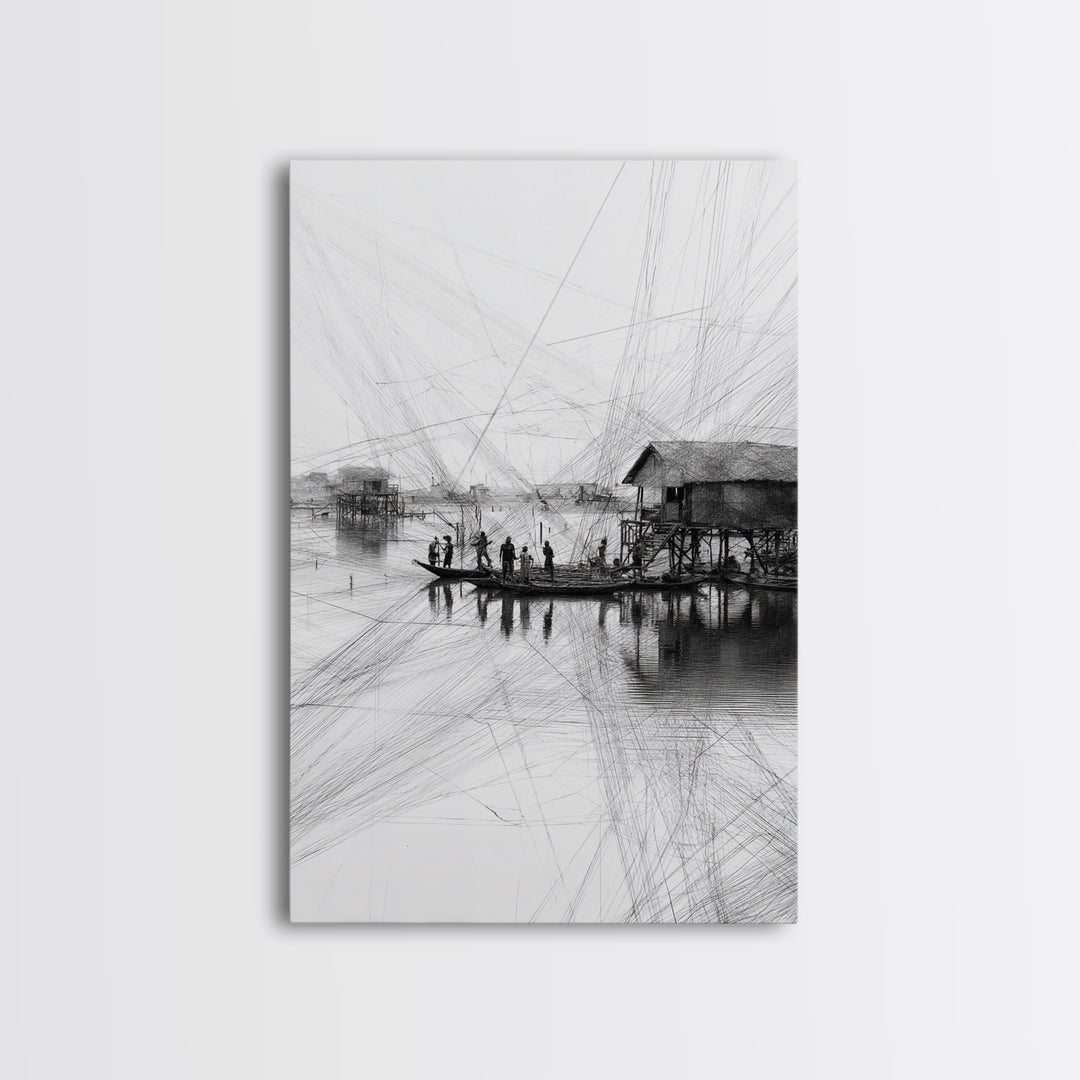 Black And White Fishing Village Sketch Wall Art, Fine Line Coastal Hut Drawing, Minimalist Lake House Decor For Gallery Walls