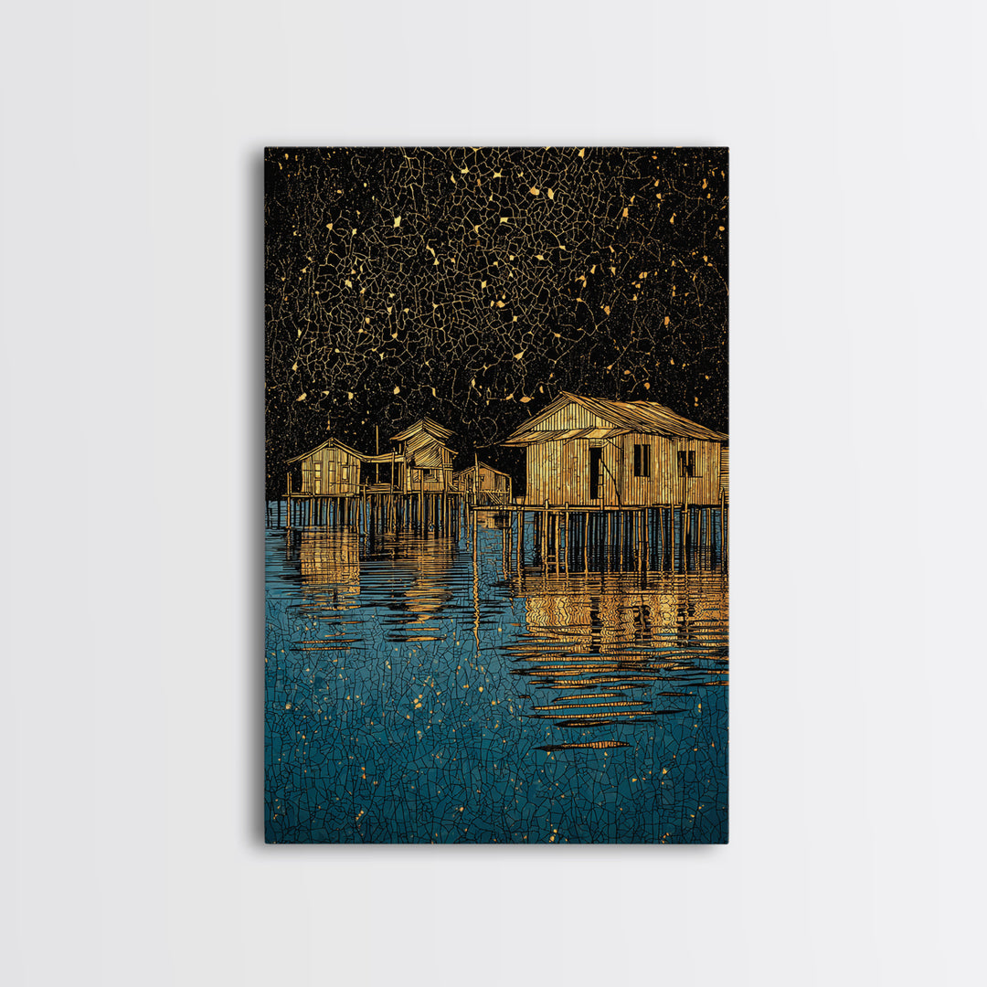 Gold Stilt Houses On Blue Water Canvas Print, Abstract Coastal Village Wall Art, Black Gold Lake Reflections Home Decor Art
