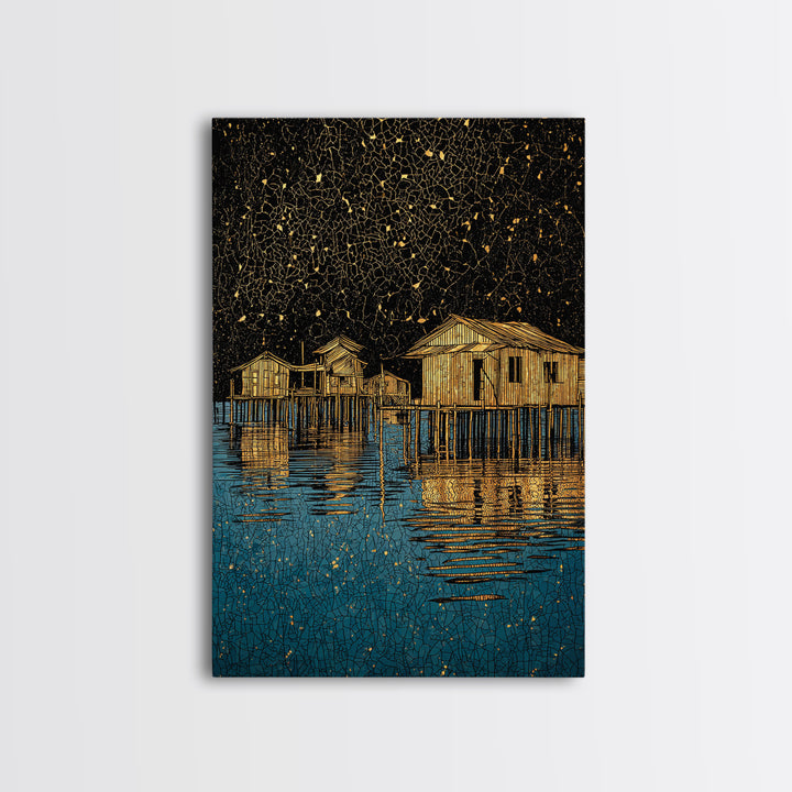 Gold Stilt Houses On Blue Water Canvas Print, Abstract Coastal Village Wall Art, Black Gold Lake Reflections Home Decor Art