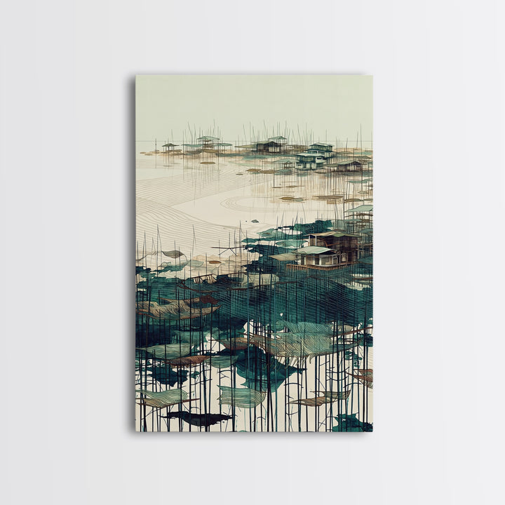 Minimal Teal Stilt Village Across Quiet Water Wall Art, Modern Coastal Landscape Canvas Print, Beige Green Living Room Decor