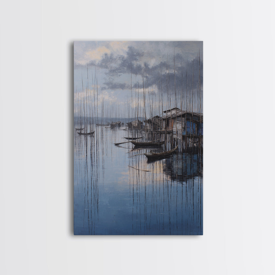 Moody Blue Fishing Boats By Stilt Houses Framed Canvas Print, Serene Lake Village Wall Art, Coastal Home Decor Gift For Living Room
