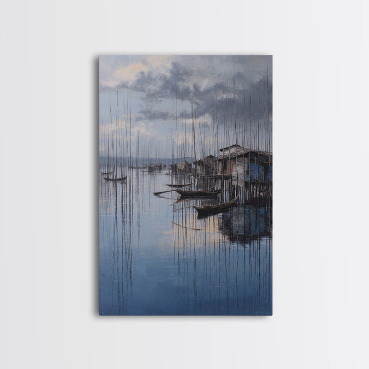 Moody Blue Fishing Boats By Stilt Houses Framed Canvas Print, Serene Lake Village Wall Art, Coastal Home Decor Gift For Living Room