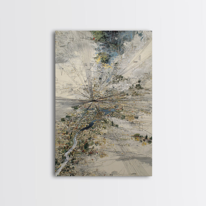 Abstract Aerial River Delta And City Lines Wall Art, Modern Landscape Canvas Print, Textured Blue Gray Gallery Office Decor