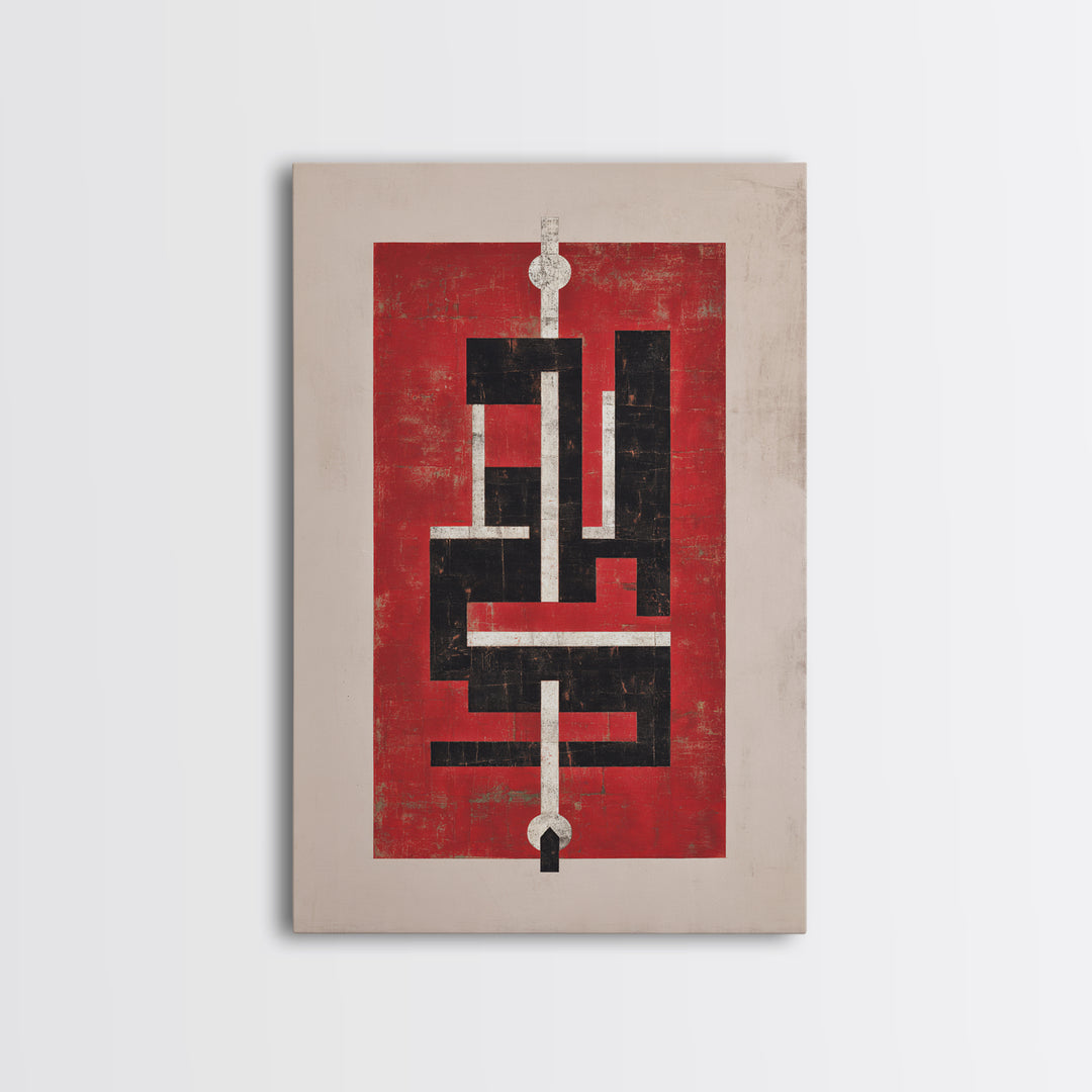 Red Black Geometric Totem Abstract Canvas Print, Modern Tribal Wall Art, Bold Cultural Home Decor For Statement Rooms Art