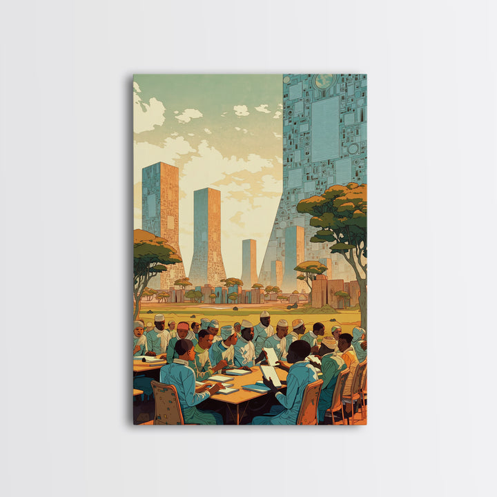 Futuristic African Scholars Skyline Wall Art, Afrocentric Art Print, Modern African Art, Office Decor, Cultural Wall Decor
