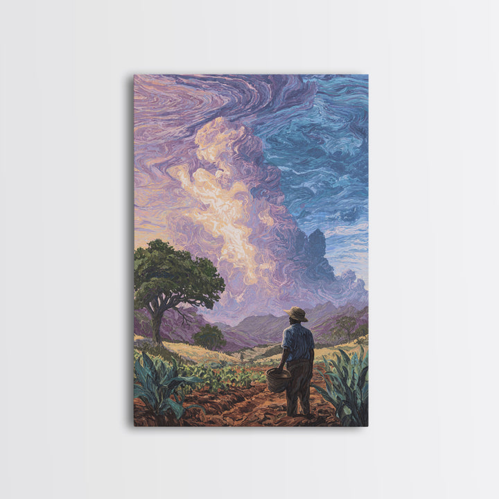 Farmer Under Swirling Storm Sky Canvas Print, African Landscape, Nature Scene Art, Earth Tone Wall Art, Living Room Decor