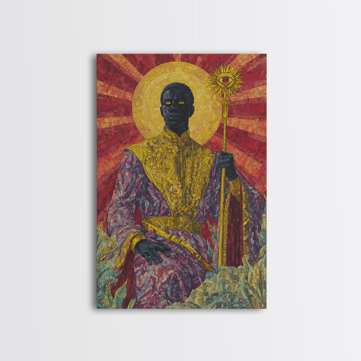 Regal Black Sun Priest Framed Canvas Print, African Queen Art, Black Goddess Art, Gold Jewelry Canvas, Statement Wall Decor