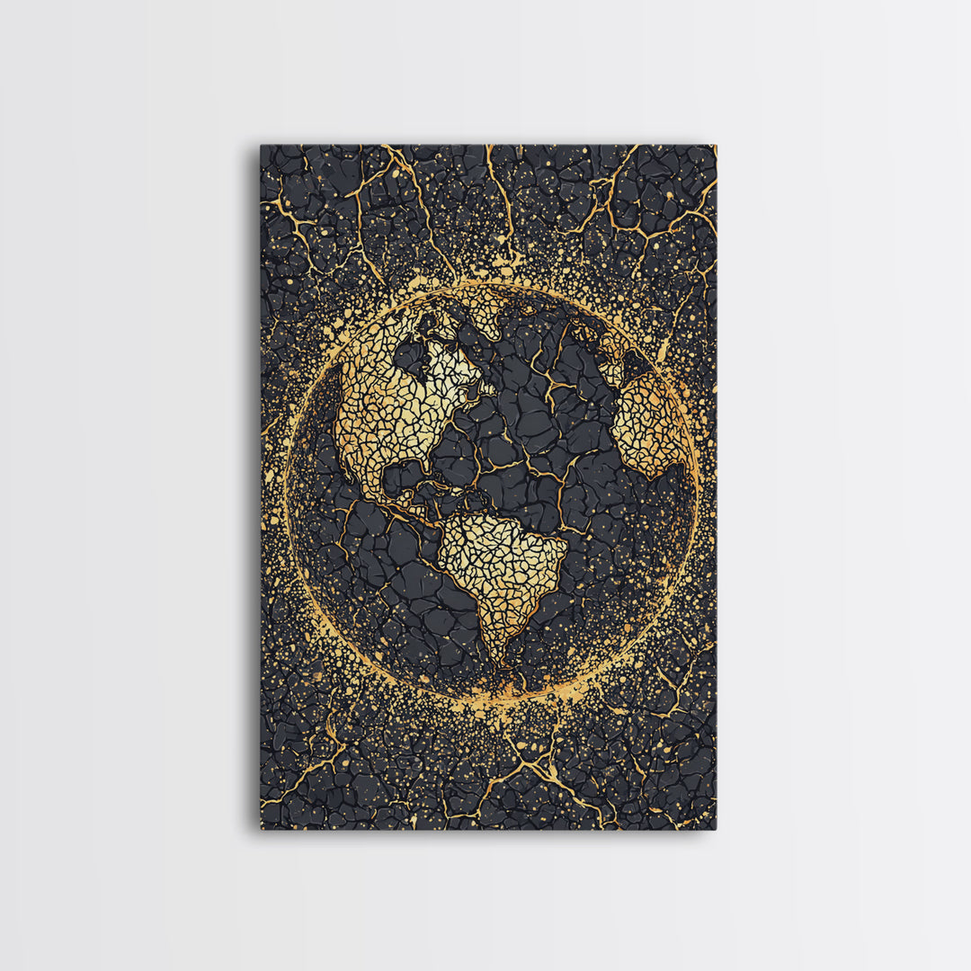 Black And Gold Cracked Africa Globe Canvas Print, African Wall Art, Afrocentric Decor, Modern Abstract Ethnic Home Decor Gift