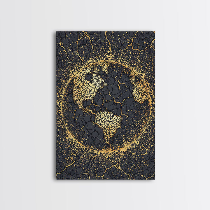 Black And Gold Cracked Africa Globe Canvas Print, African Wall Art, Afrocentric Decor, Modern Abstract Ethnic Home Decor Gift