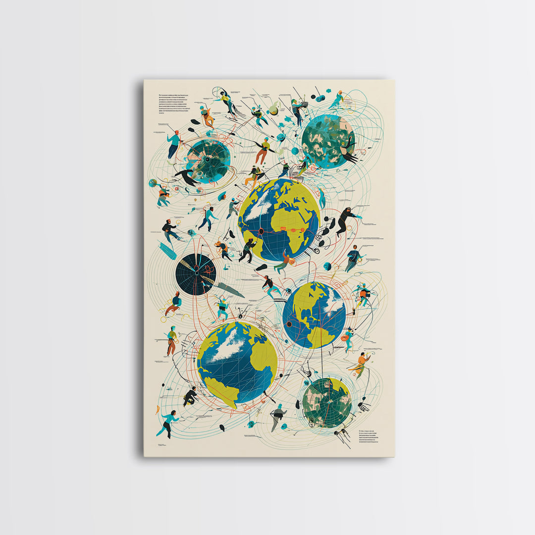 Abstract Global Network People Wall Art, Modern African Inspired Digital Art, Geometric Office Decor, World Map Canvas Print
