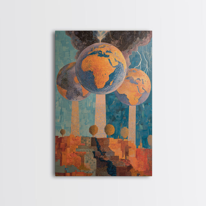 Surreal Africa Globe Trees Stormy City Wall Art, Modern African Art Print, Orange Blue Statement Decor, Afrofuturism Canvas Print