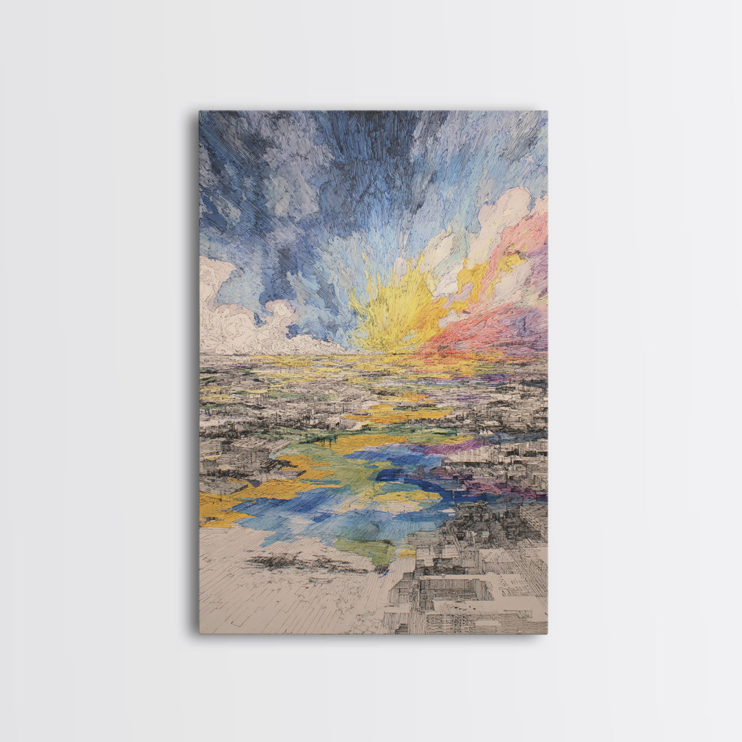 Radiant Abstract City And River Sunrise Canvas Print, Modern African Inspired Wall Art, Colorful Landscape Office Decor Gift