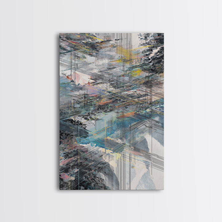Layered City Grid Canvas Print, Abstract Urban Skyline, Modern Geometric Wall Decor, Blue Gray Office Art Gift, Large Home Decor