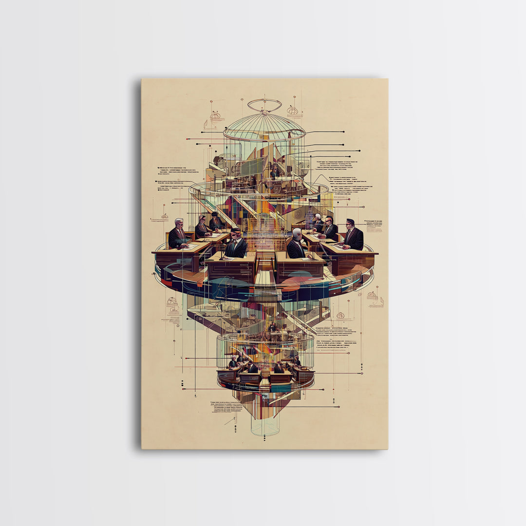 Futuristic Council Chamber Wall Art, Architectural Diagram, Modern Afrocentric Decor, Geometric Office Canvas Print Gift