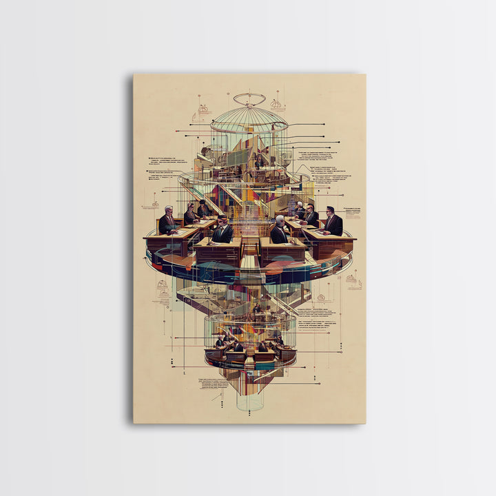 Futuristic Council Chamber Wall Art, Architectural Diagram, Modern Afrocentric Decor, Geometric Office Canvas Print Gift
