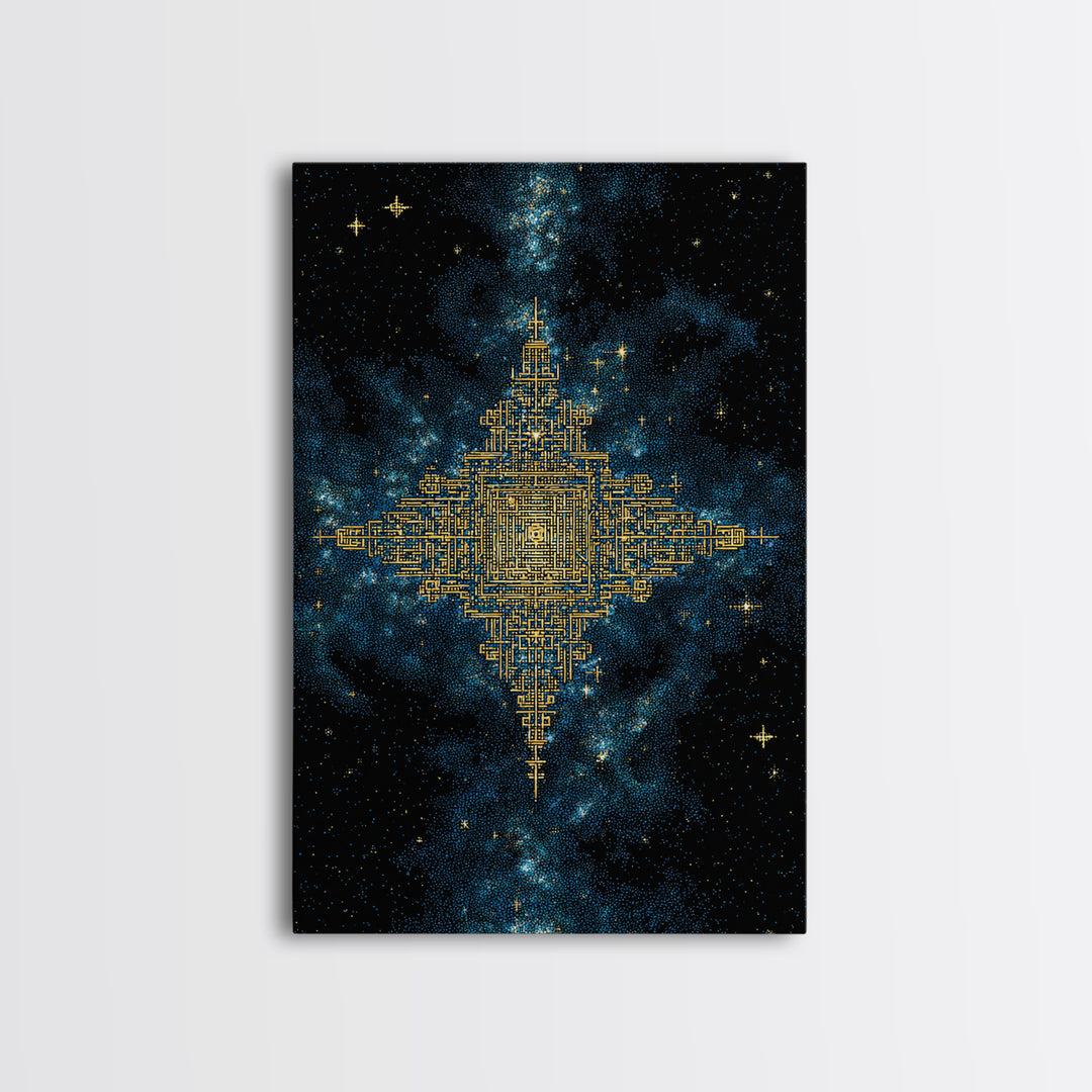 Golden Celestial Geometry Canvas Print, Cosmic Star Map Wall Art, Black And Gold Spiritual Decor, Mystical Gift For Home