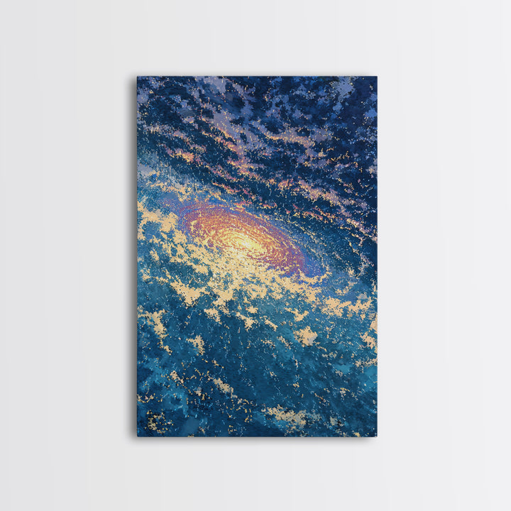 Blue Galaxy Vortex Wall Art, Swirling Cosmic Abstract, Gold Starry Canvas Print, Dreamy Luxury Decor Gift For Home Office