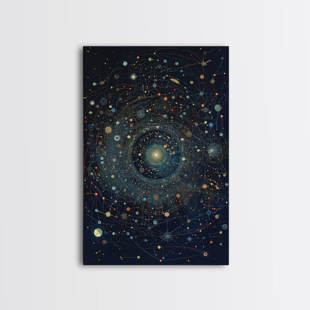 Dark Cosmic Orbit Mandala Canvas Print, Galaxy Map Wall Decor, Abstract Art, Modern Office Decor, Starry Astronomy Poster