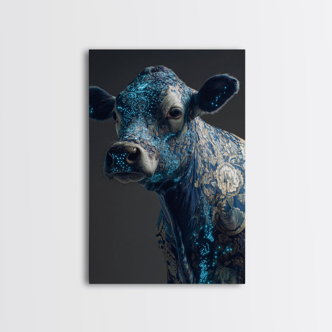 Blue Floral Cow Portrait Framed Canvas Print, Ornate Animal Wall Decor, Farmhouse Painting, Luxury Modern Home Decor Gift