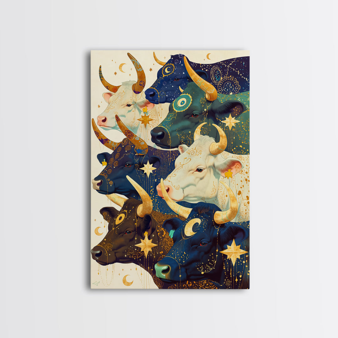 Celestial Herd Of Moonlit Cows Wall Art, Mystical Animal Canvas Print, Colorful Farm Decor, Whimsical Stars And Moons Poster