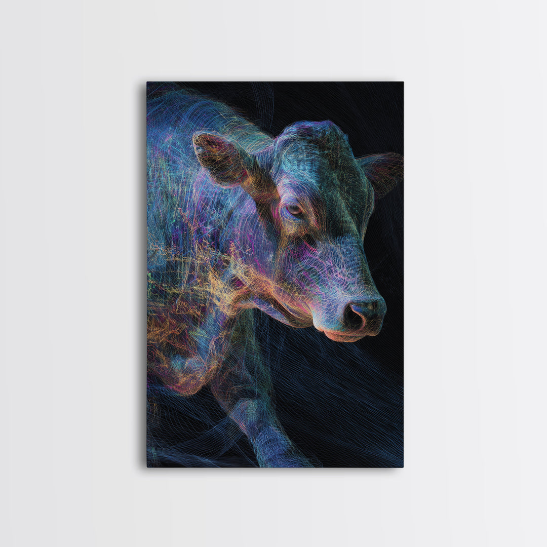 Neon Rainbow Cow Portrait Canvas Print, Abstract Animal Wall Decor, Electric Blue Farmhouse Art, Modern Black Home Decor