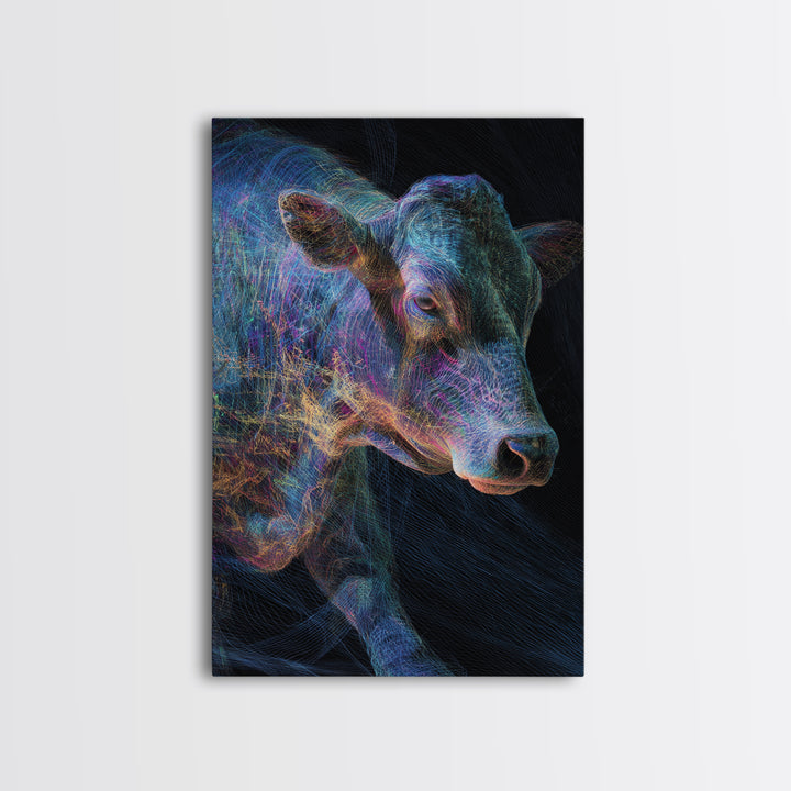 Neon Rainbow Cow Portrait Canvas Print, Abstract Animal Wall Decor, Electric Blue Farmhouse Art, Modern Black Home Decor