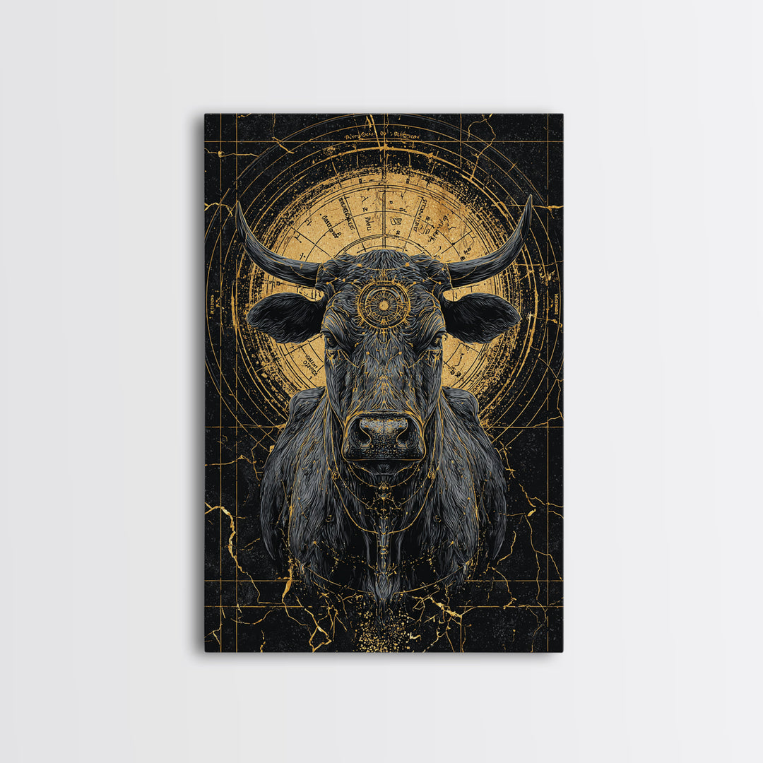 Sacred Black And Gold Bull Framed Canvas Print, Geometric Animal Wall Art, Mystical Farm Decor, Dramatic Statement Piece